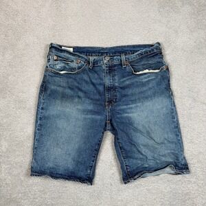 Levis Premium 502 Taper Mens Blue Denim Shorts Medium Wash W36 Cut Off Raw Hem
